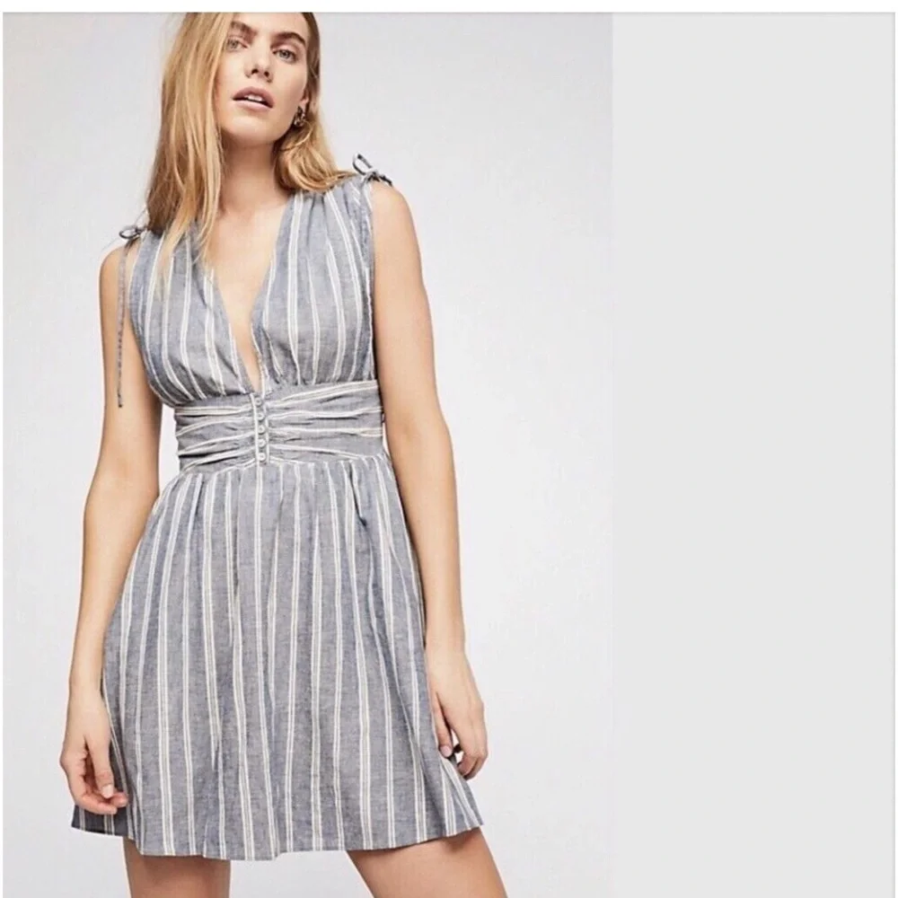Free People Linen ‘Roll the Dice’ Striped Fit Flare Plunge Neck Flare Mini Dress
